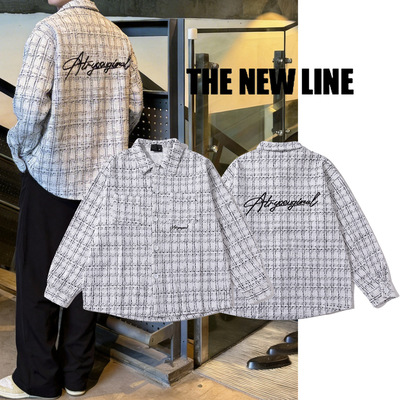 千鸟格小香风外套潮男春季新款格子衬衫潮流休闲衬衣男装复古上衣