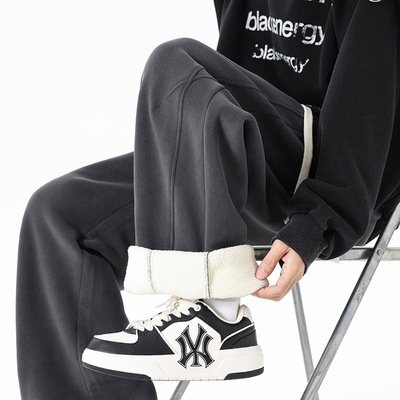 加绒裤子男款冬季弯刀男裤男士新款休闲直筒卫裤男生加厚运动长裤