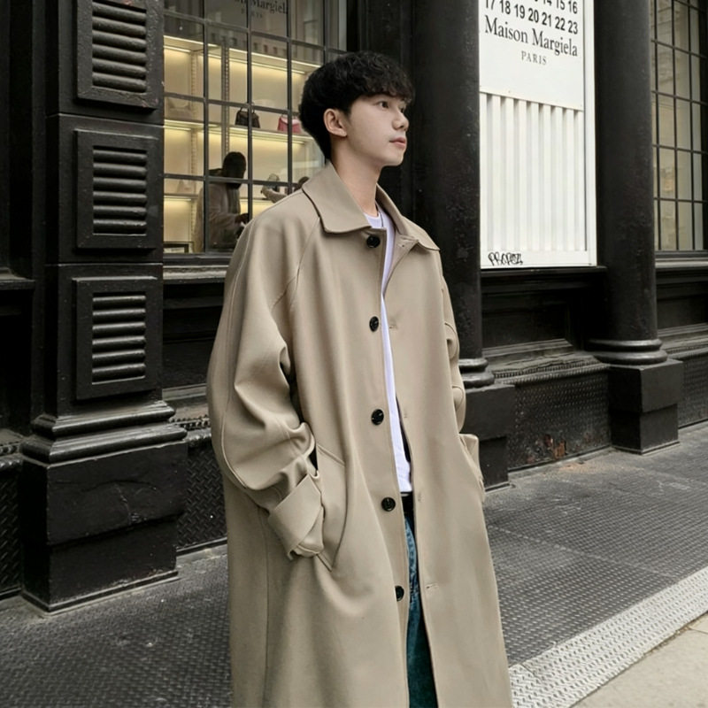 春季新款风衣男中长款过膝翻领单排扣韩版宽松休闲外套男薄款大衣