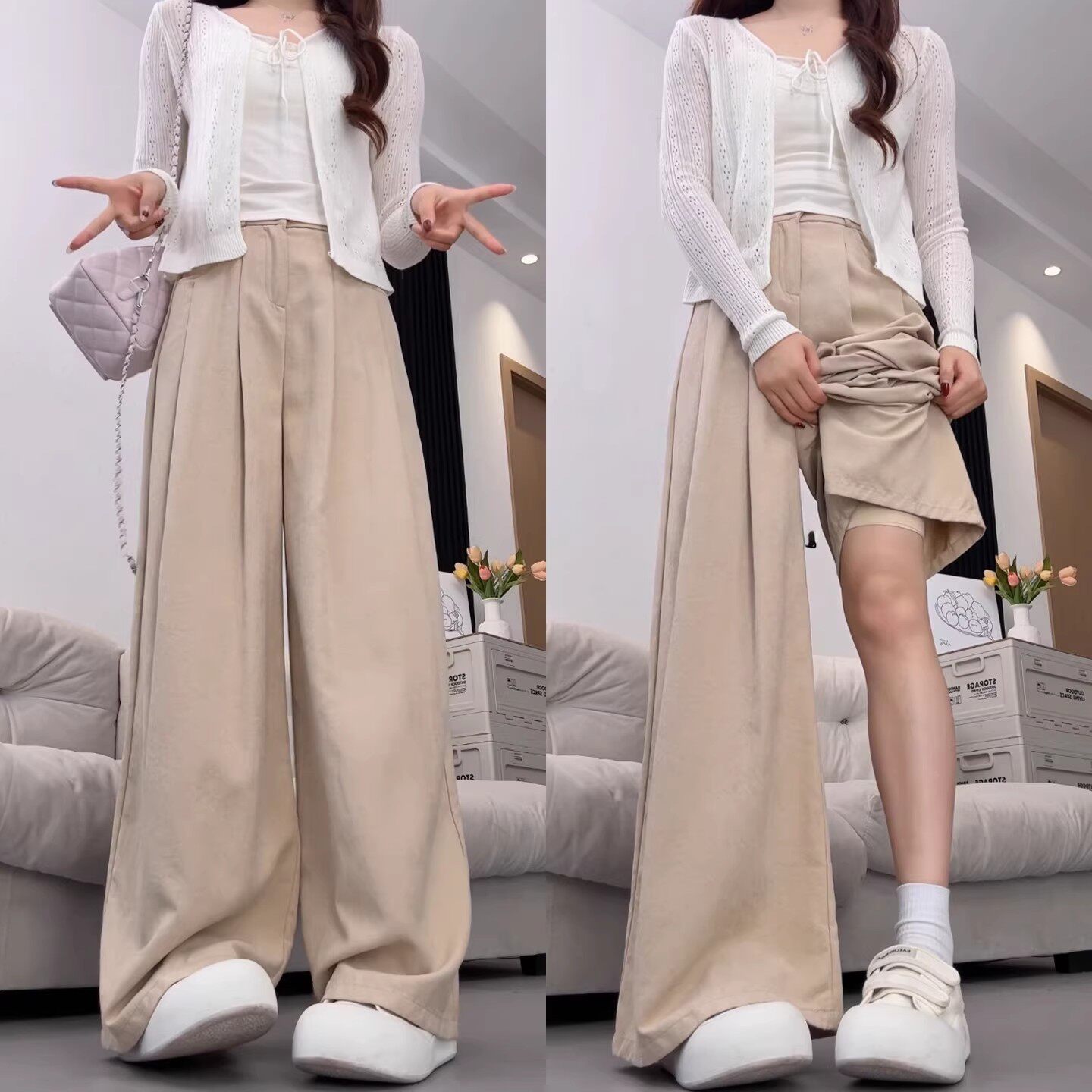 卡其色奶芙山本裤女2026新款夏季薄款高级感垂感小个子冰丝阔腿裤