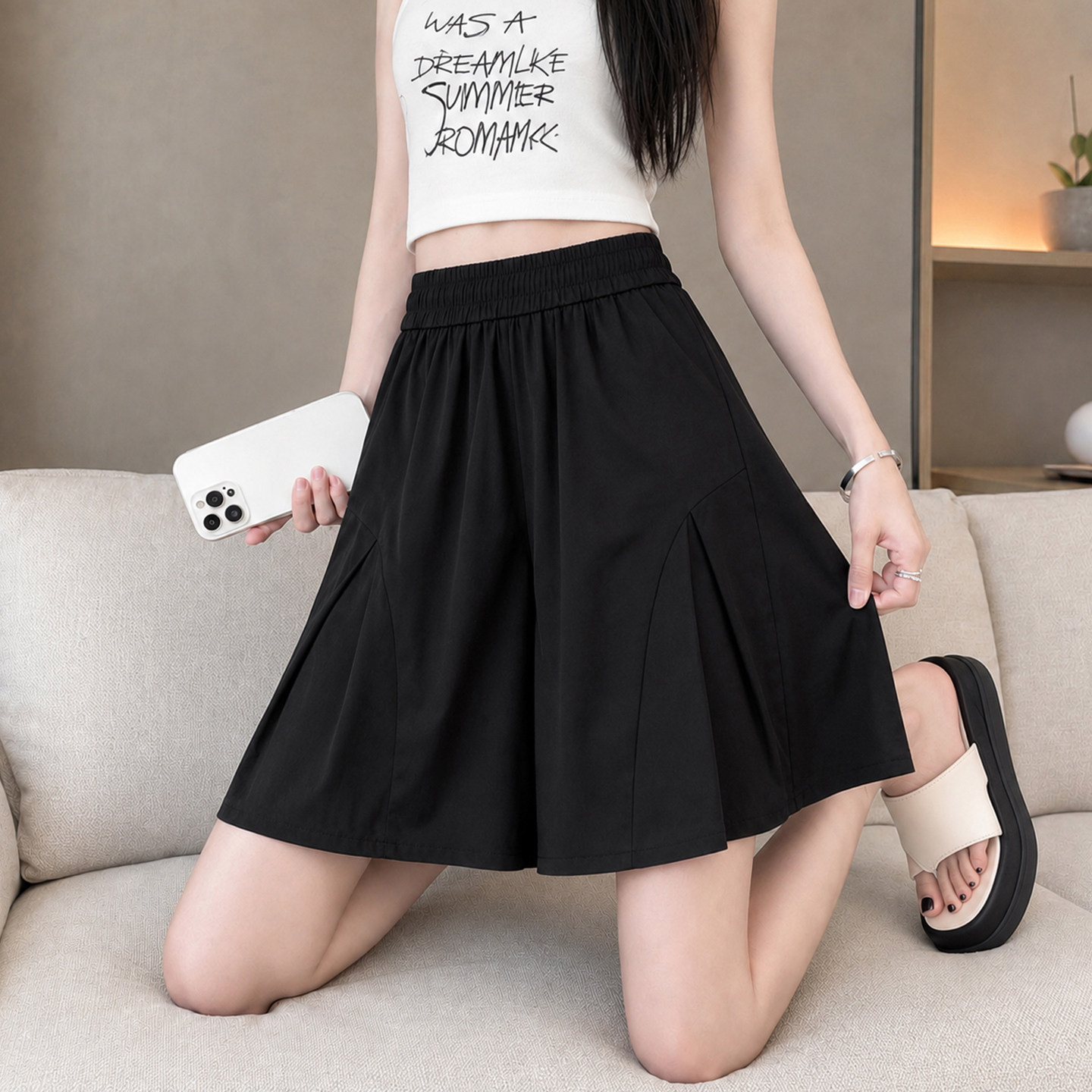 黑色冰丝短裤女夏外穿高腰显瘦a字裙裤小个子休闲速干运动五分裤