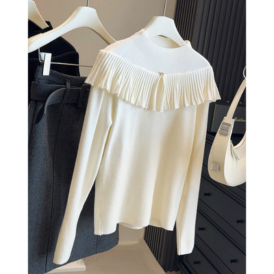设计感荷叶边拼接半高领针织衫女2025秋冬蝴蝶结修身内搭打底毛衣