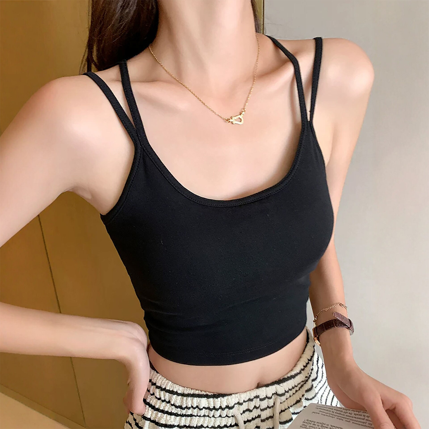 黑色小吊带背心女夏季内搭遮副乳带胸垫美背内衣一体打底外穿上衣