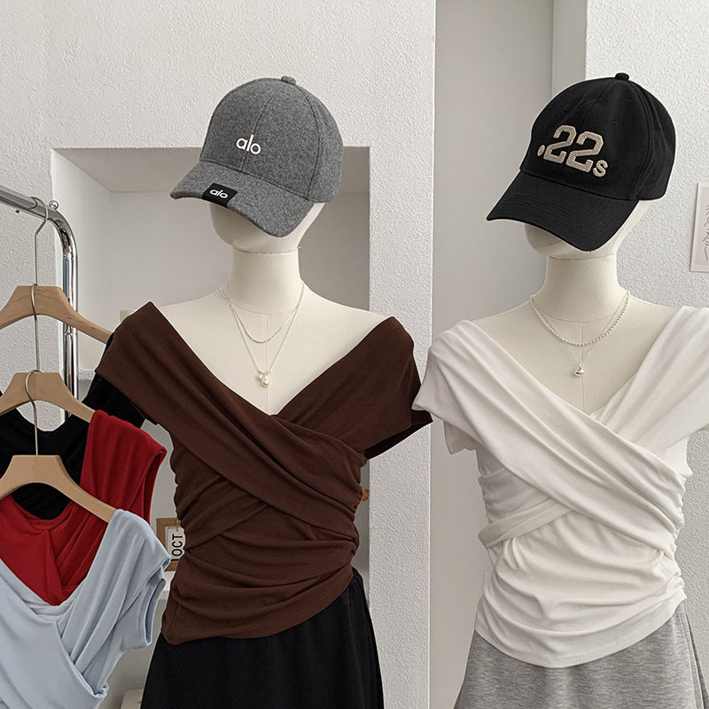 欧玛莱 纯欲辣妹风交叉V领纯色修身显瘦掐腰短袖T恤上衣批发 6830