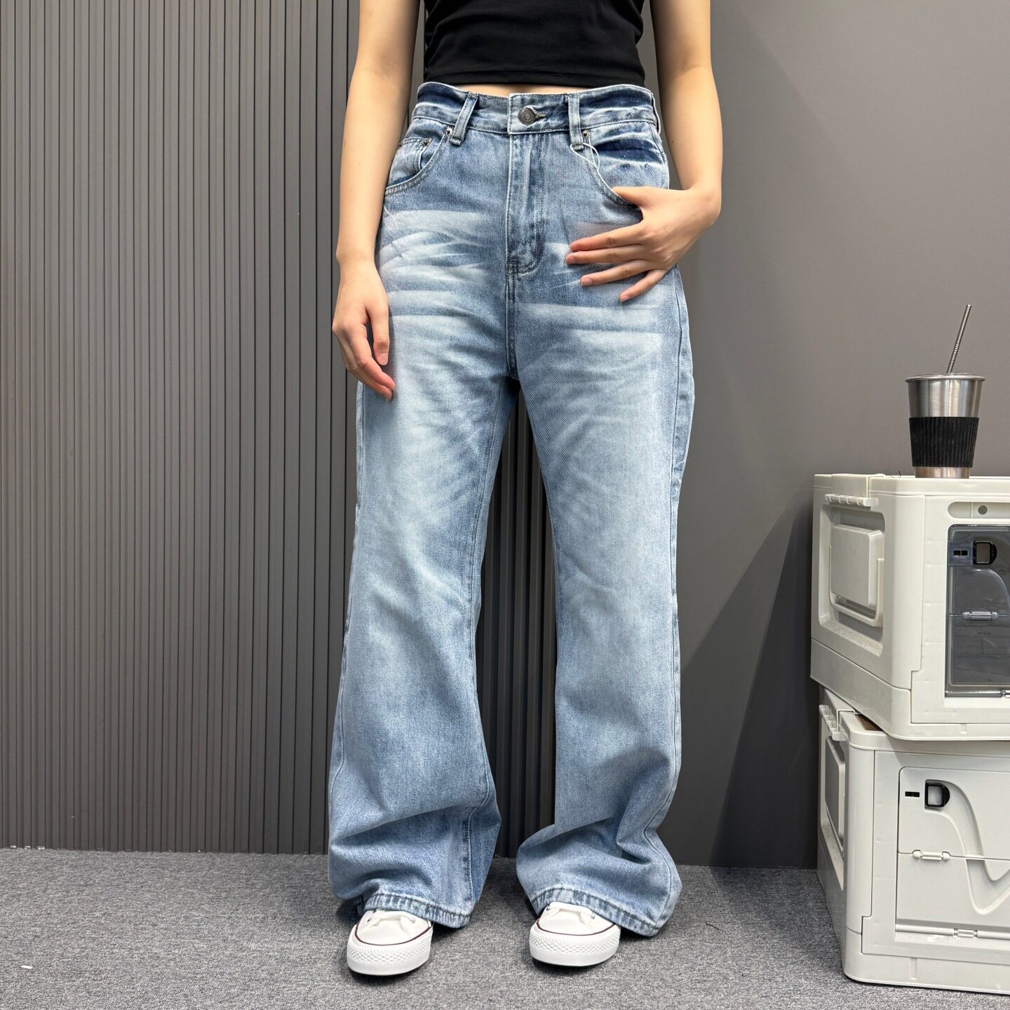 美式复古水洗冰蓝色牛仔裤女高腰显瘦微喇直筒显高显瘦休闲长裤子