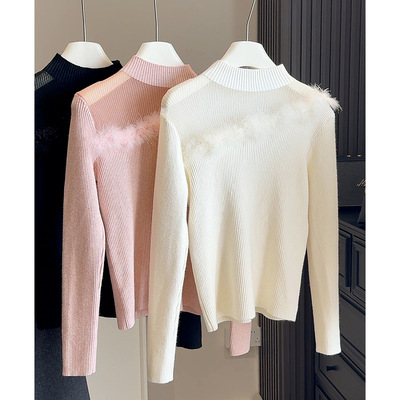 设计感小众毛毛拼接小立领针织衫女秋冬修身显瘦百搭叠穿套头毛衣