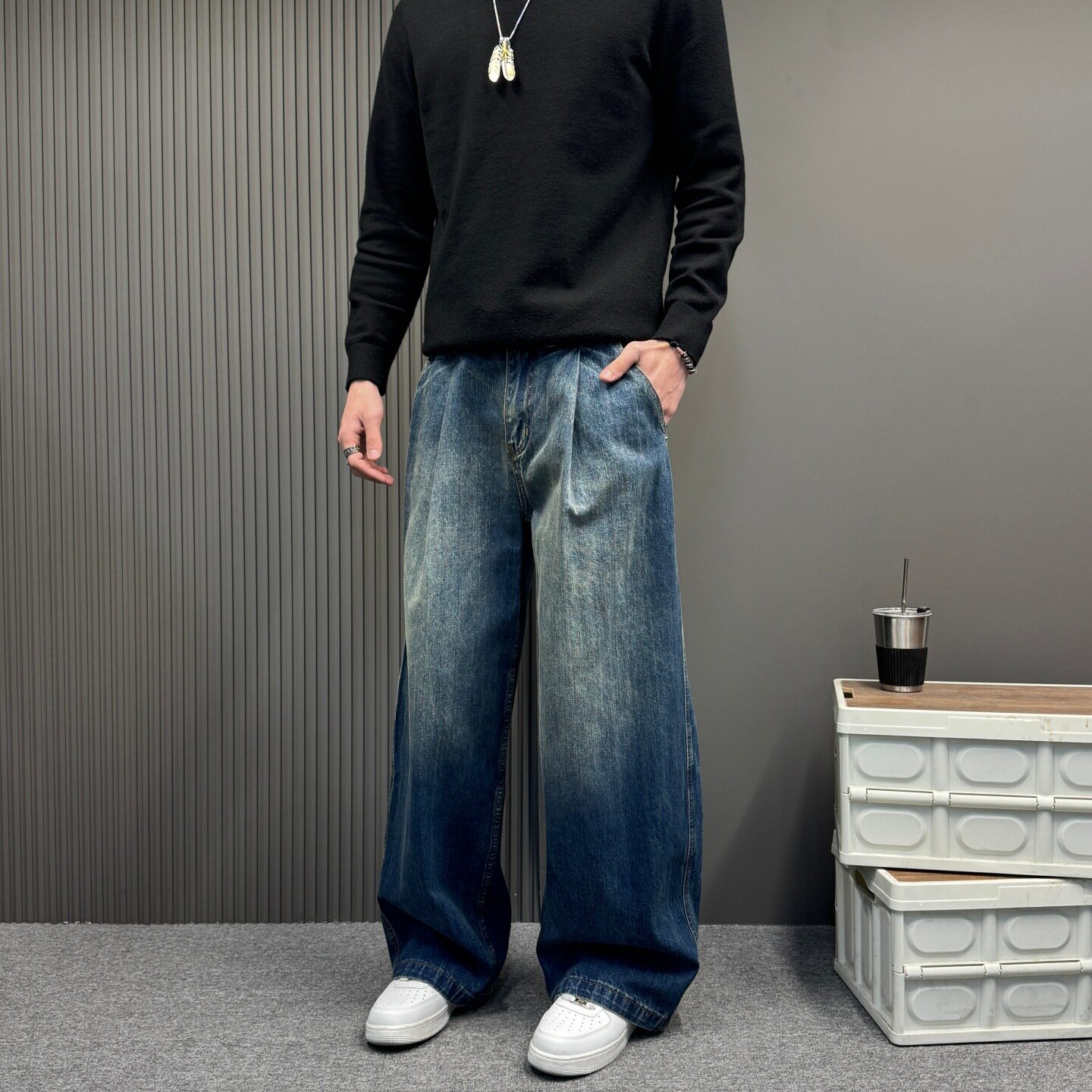 小众高级感折皱拖地牛仔裤男女美式复古vintage直筒宽松阔腿裤子