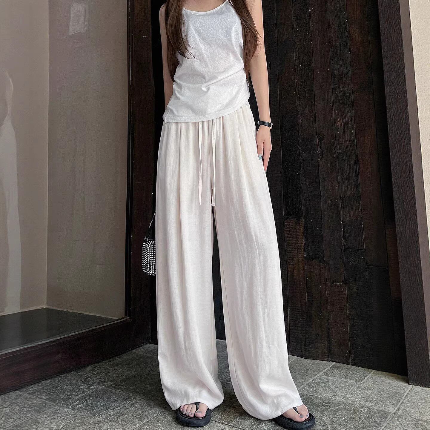 白色亚麻阔腿裤女2026新款夏季薄款高腰垂感小个子窄版显瘦直筒裤