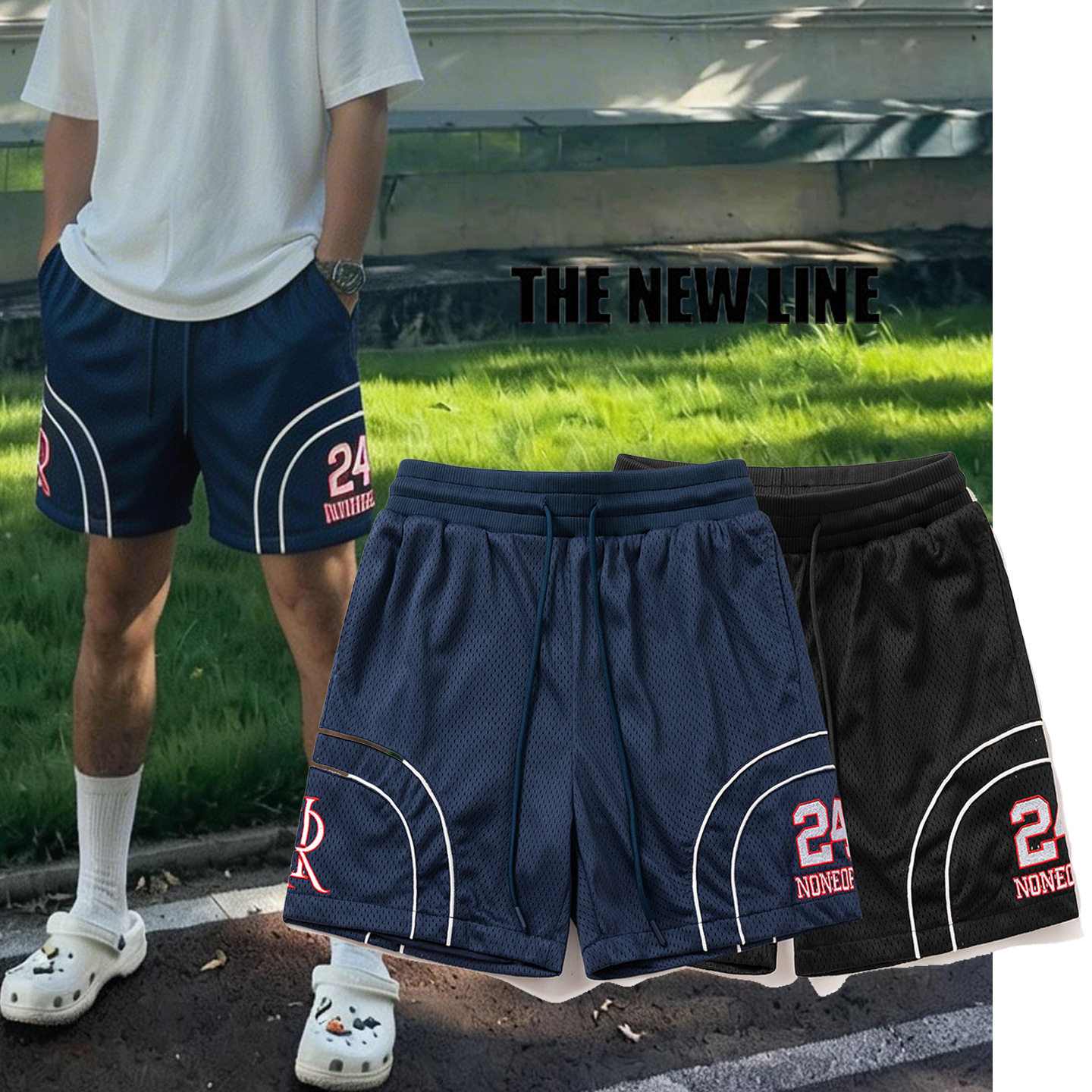 街头潮流拼接刺绣速干裤 字母印花四分裤男 夏季透气宽松运动短裤