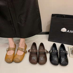 平底单鞋 韩系圆头黑色小皮鞋 女 女春夏2026新款 铆钉一字带玛丽珍鞋