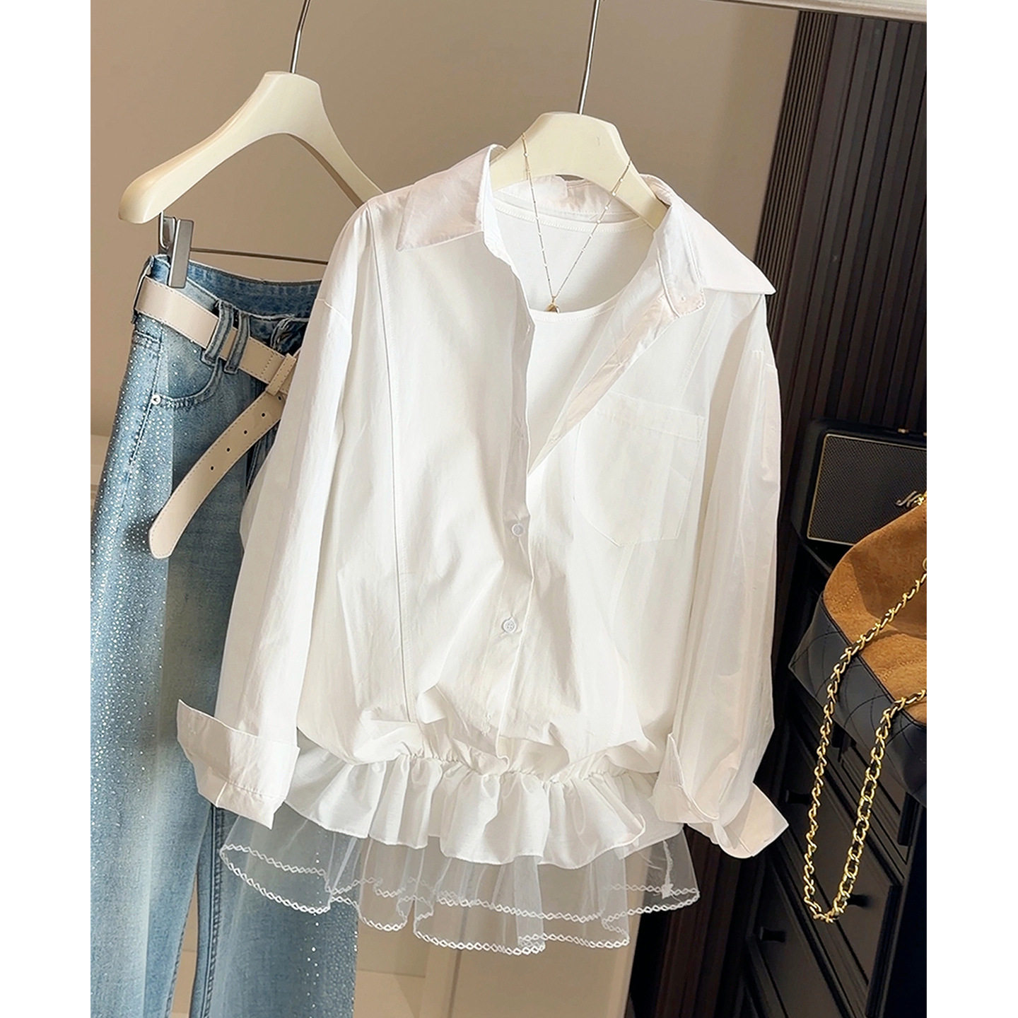 韩系时尚减龄假两件荷叶边下摆网纱衬衫女2026春新款宽松显瘦上衣,女装/女士精品,衬衫,淘宝优惠券,粉丝福利购,淘宝优惠卷