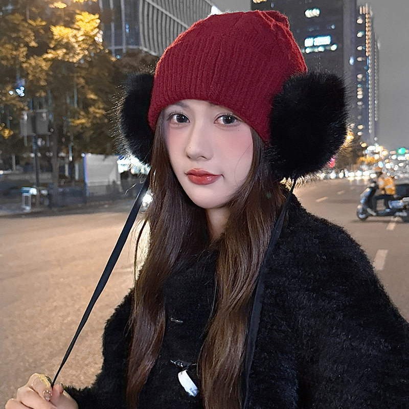 秋冬季保暖防寒毛球雷锋帽百搭护耳绑带针织毛绒毛线帽女款帽子
