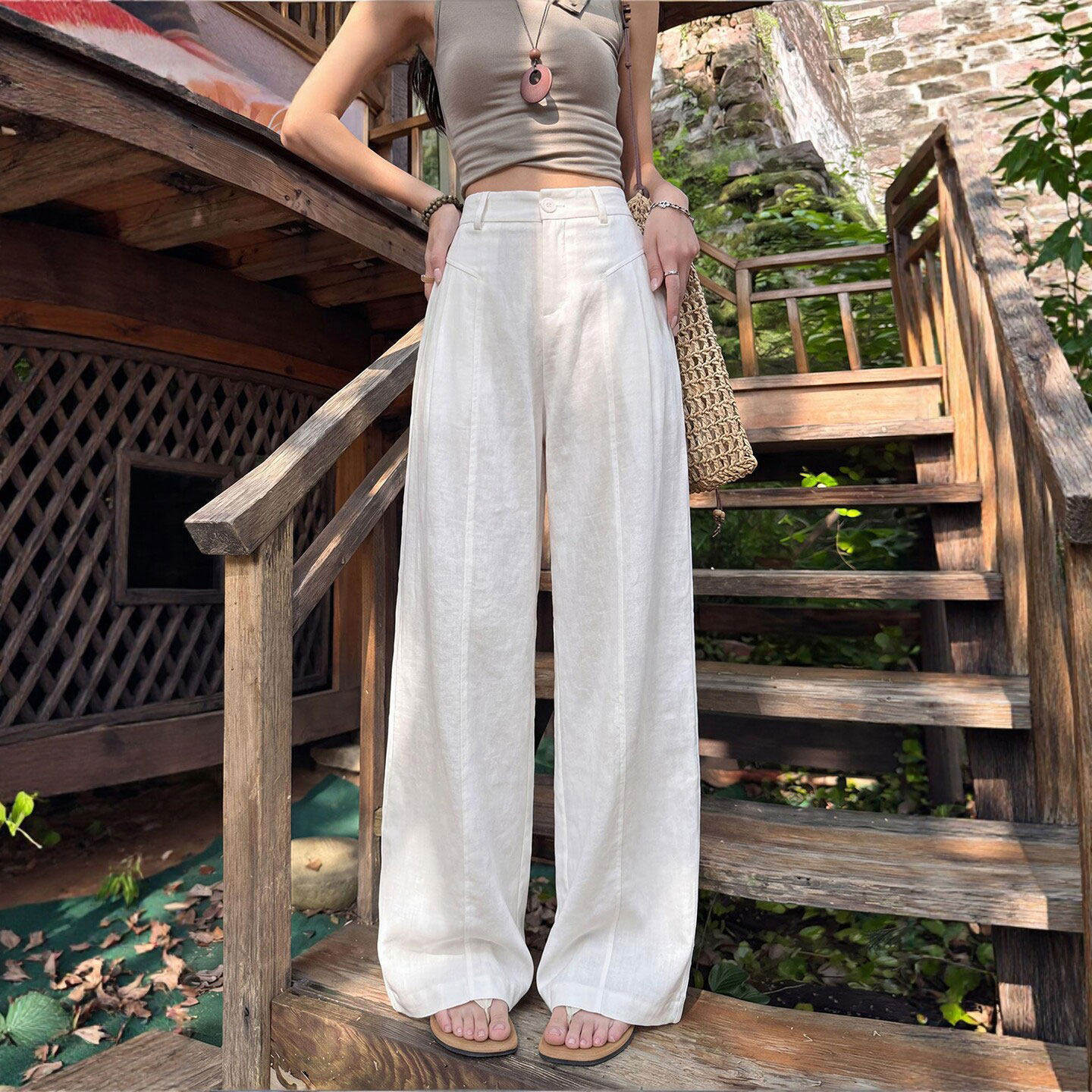 天丝亚麻西装裤女2026新款夏季薄款小个子直筒白色老钱风阔腿裤子