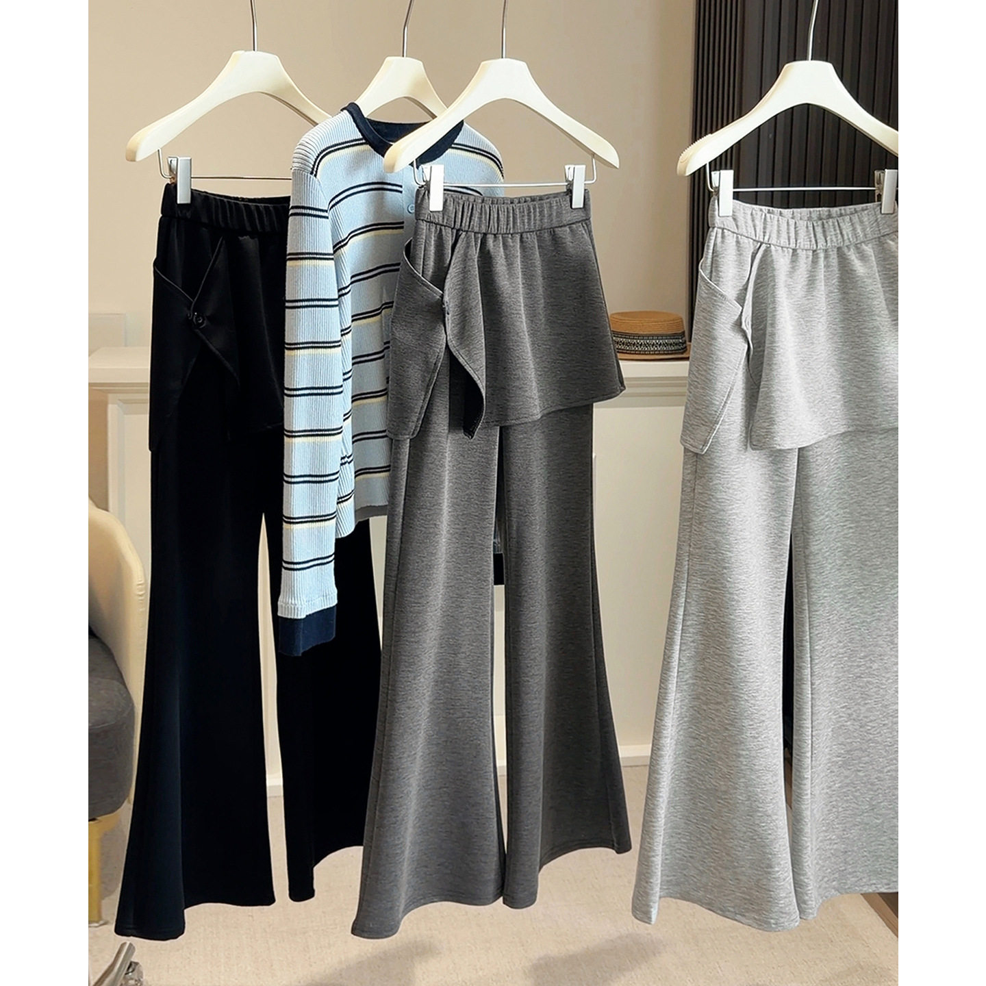 韩版设计感假两件屁帘微喇长裤女2026春秋季新款高腰休闲运动卫裤