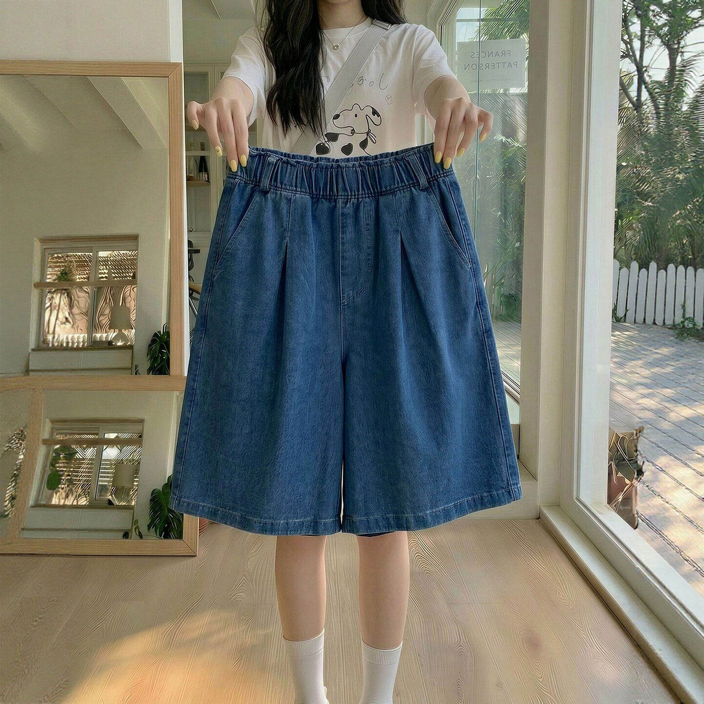 天丝牛仔短裤女夏季薄款胖mm大码宽松阔腿小个子松紧腰冰丝五分裤
