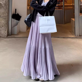 紫色百褶裙半身裙女春夏新款a字雪纺蛋糕裙长裙小个子巨好看纱裙