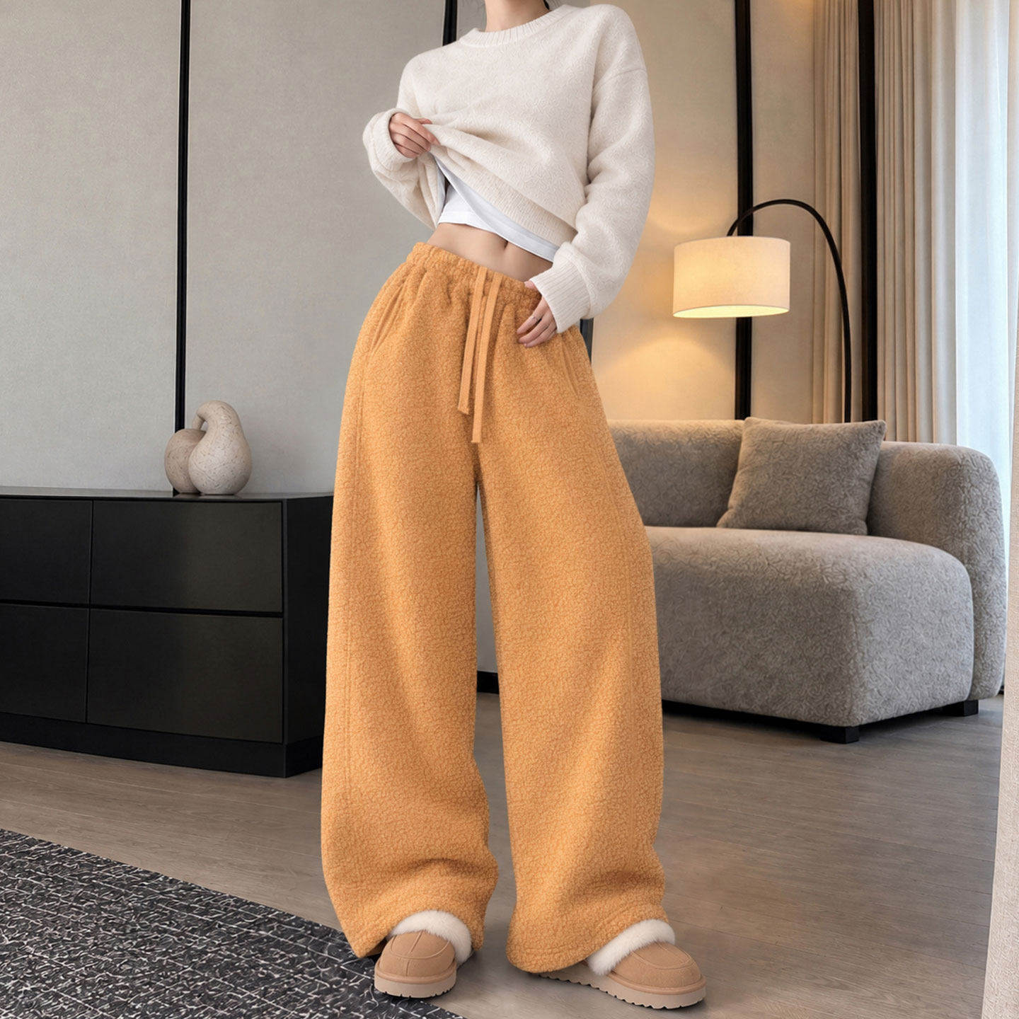 摇粒绒运动裤女2026新款秋冬加绒加厚松弛感穿搭橘色弯刀阔腿卫裤