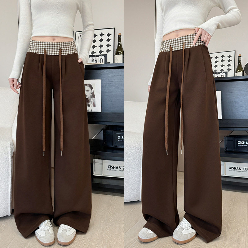 美式格子撞色腰阔腿裤女春夏新款高腰垂感拼接直筒裤小个子运动裤