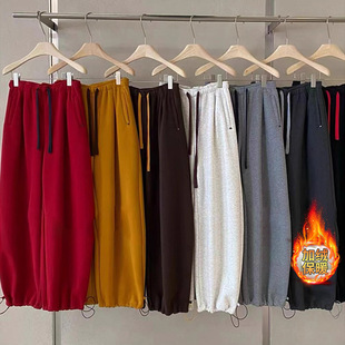 松紧高腰抽绳加绒加厚阔腿裤女2025秋冬新款显瘦百搭弯刀休闲裤子