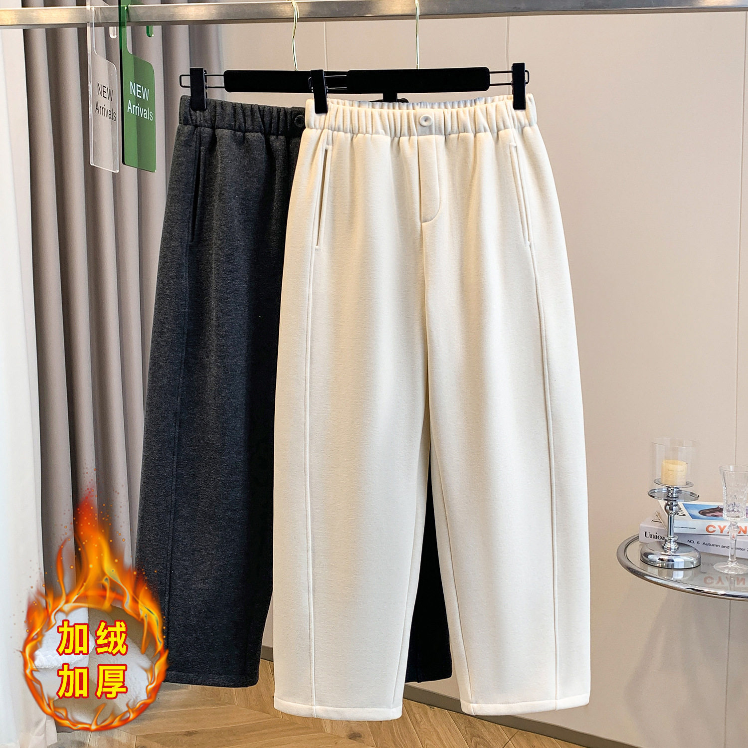 毛呢加绒哈伦裤女冬季一体绒加厚保暖宽松休闲显瘦豌豆九分奶奶裤