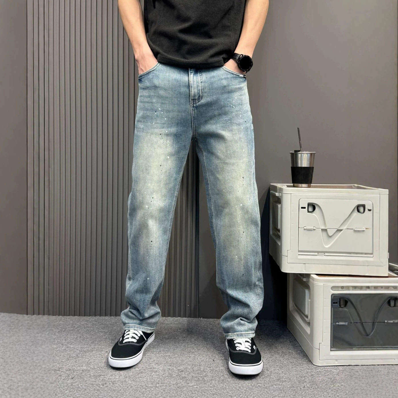 高街泼墨浅蓝牛仔裤男宽松阔腿直筒垂感痞帅百搭四季款休闲长裤