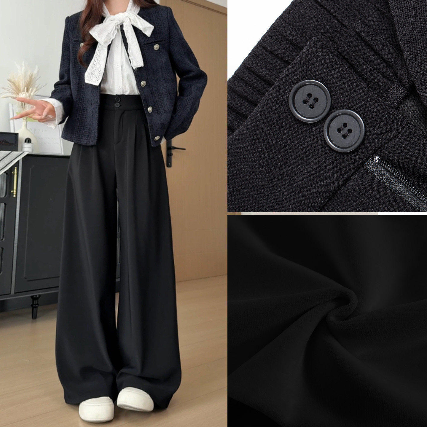 加绒西装裤女2025新款秋冬加厚窄版直筒裤黑色垂感小个子阔腿裤子