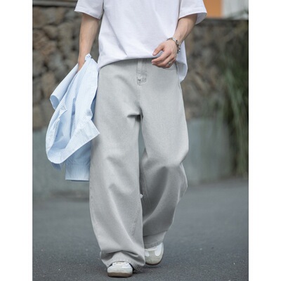 直筒宽松水洗做旧廓形牛仔裤男25春夏新款潮牌复古纯色休闲长裤子