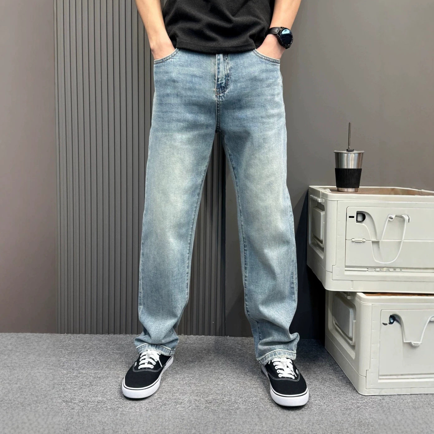 牛仔裤男日系简约浅蓝水洗直筒宽松基础款男生高街潮流百搭休闲裤