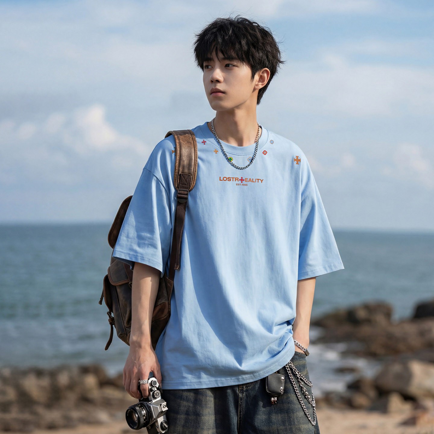 民族风印花纯棉短袖T恤男夏季新款宽松美式复古休闲潮牌圆领体恤