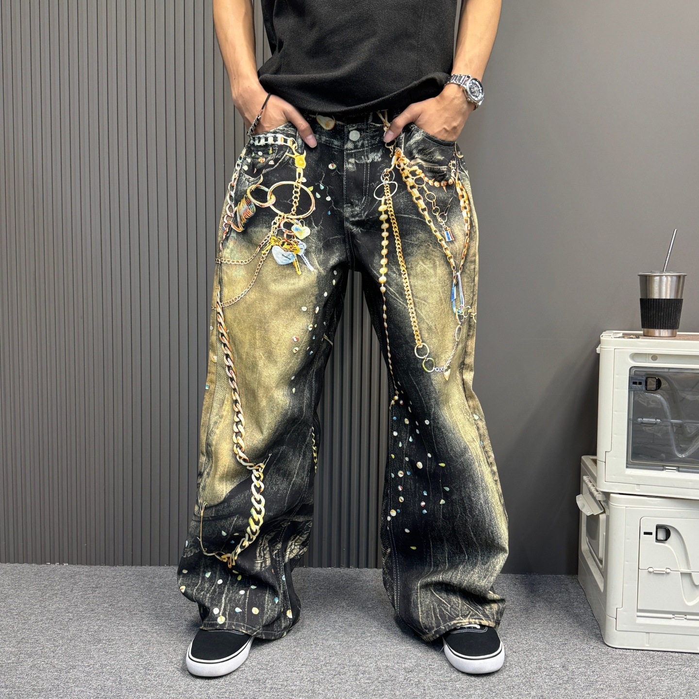 美式高街3D链条印花重磅牛仔裤男女同款夏季复古水洗宽松糖果裤潮