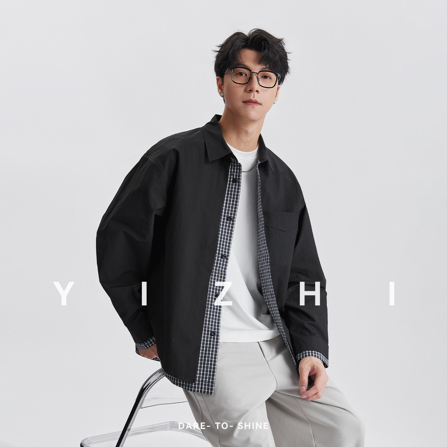 亦止新款假两件衬衫男士2026年秋季叠穿假两件长袖衬衫衬衣开衫