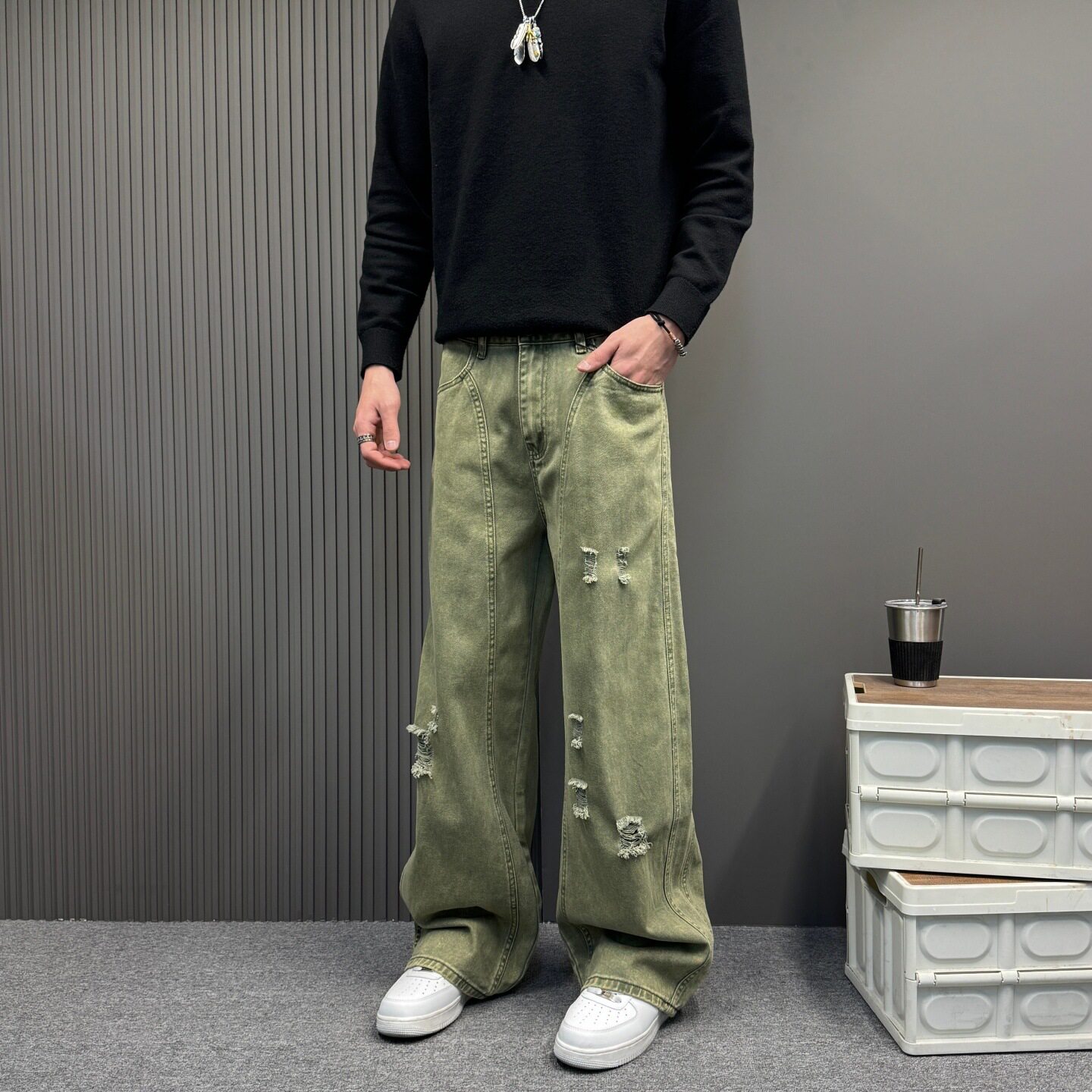 重工水洗扎染弯刀阔腿牛仔裤男女宽松直筒高级美式潮牌复古休闲裤