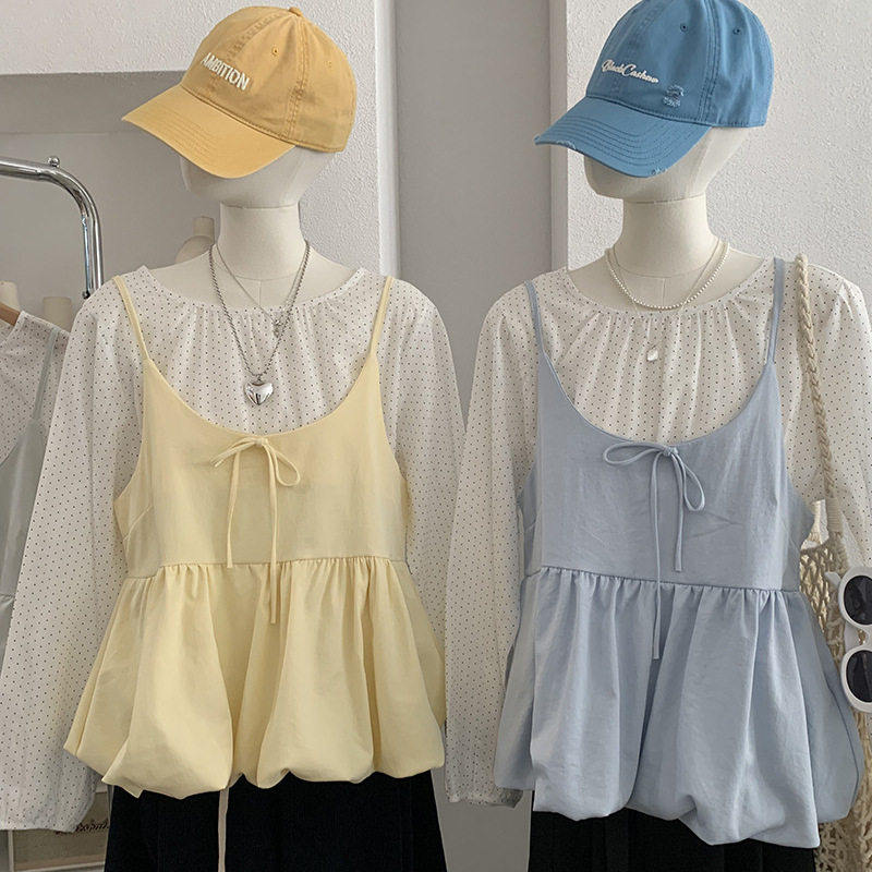 欧玛莱 花苞吊带背心女叠穿圆领波点长袖衬衫两件套上衣实拍 6404