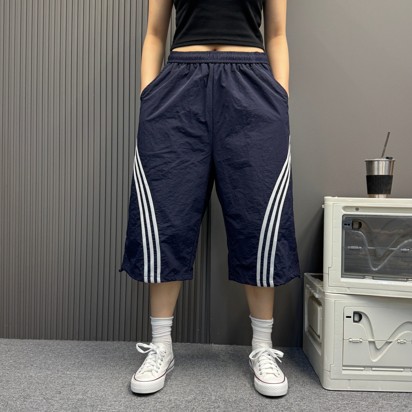 美式高街条纹短裤男女夏季2026新款宽松百搭速干休闲运动七分中裤
