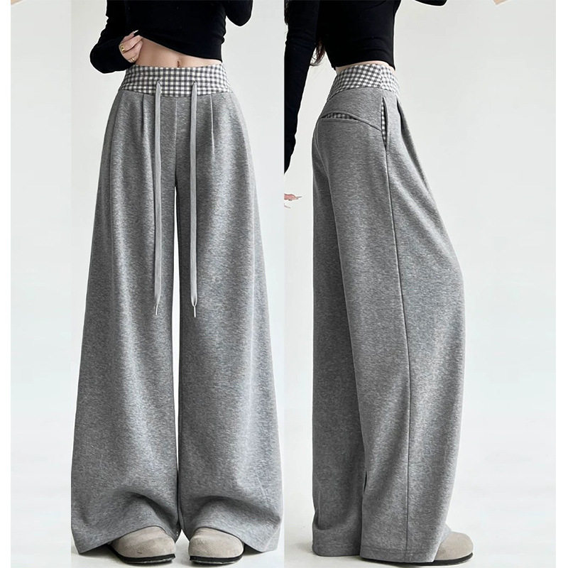 灰色撞色腰格子裤子女款春季新款高腰直筒阔腿卫裤宽松美式运动裤