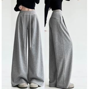 灰色撞色腰格子裤子女款春季新款高腰直筒阔腿卫裤宽松美式运动裤