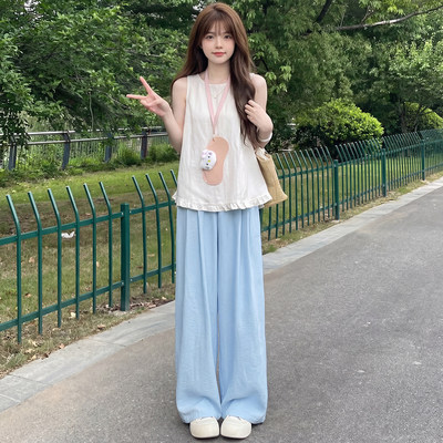 奶芙蓝色阔腿裤女夏季薄款宽松垂感直筒休闲小个子冰丝山本奶皮裤