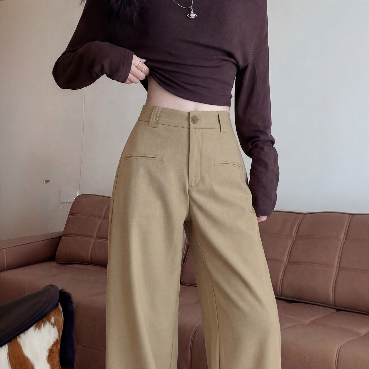 卡其色西装裤女春季2026新款垂坠感老钱风裤子高腰窄版直筒阔腿裤