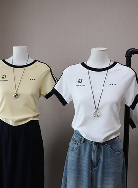 [比正]2026春夏新款韩版撞色条纹显瘦百搭休闲短款短袖T恤女5763