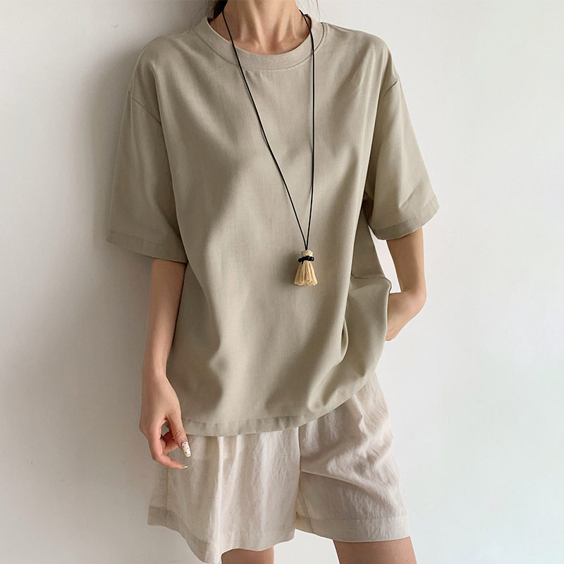 夏季韩系简约纯色T恤女宽松显瘦圆领慵懒风薄款休闲短袖上衣体恤