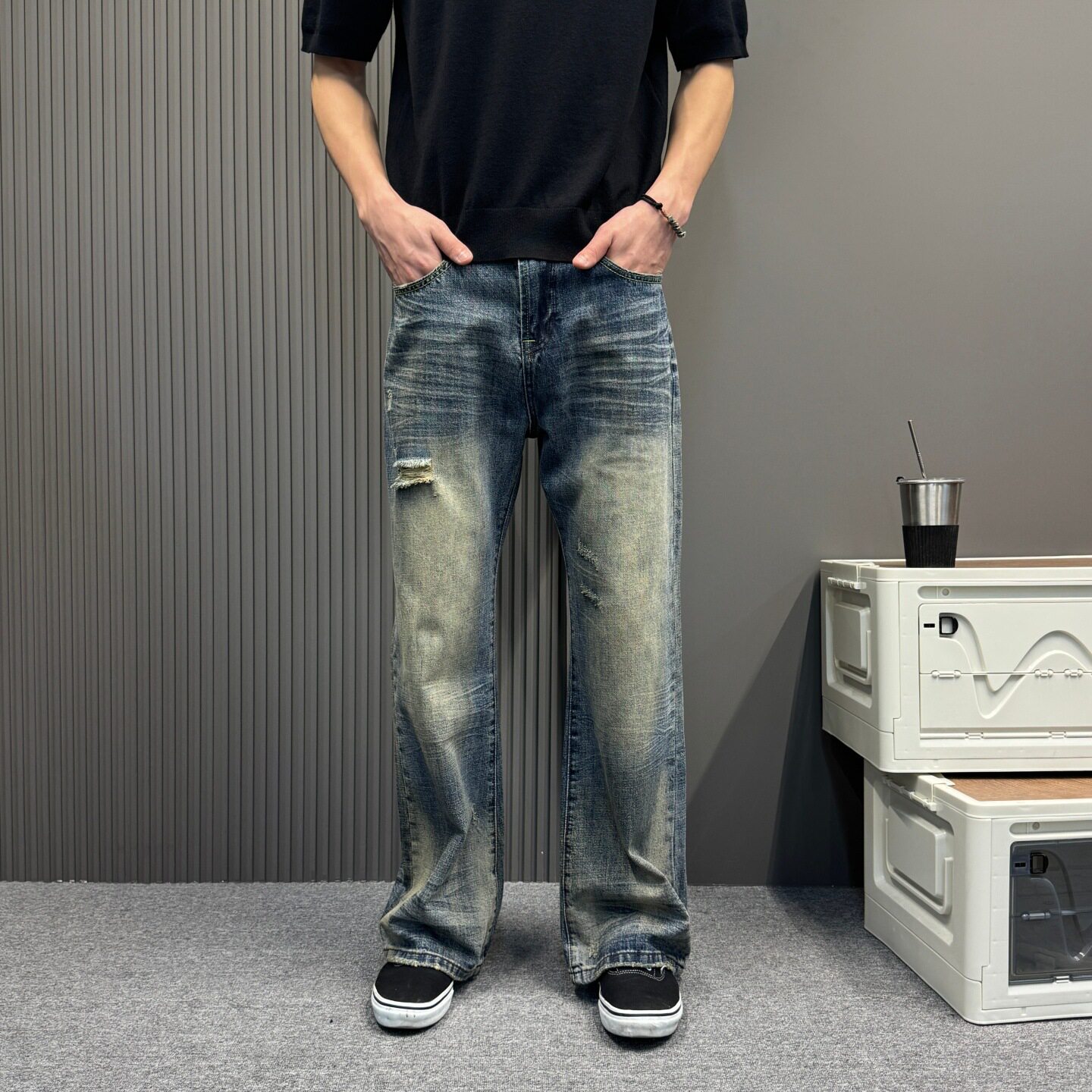 美式复古做旧牛仔裤男款春季直筒裤宽松阔腿高街潮牌裤子男春夏季