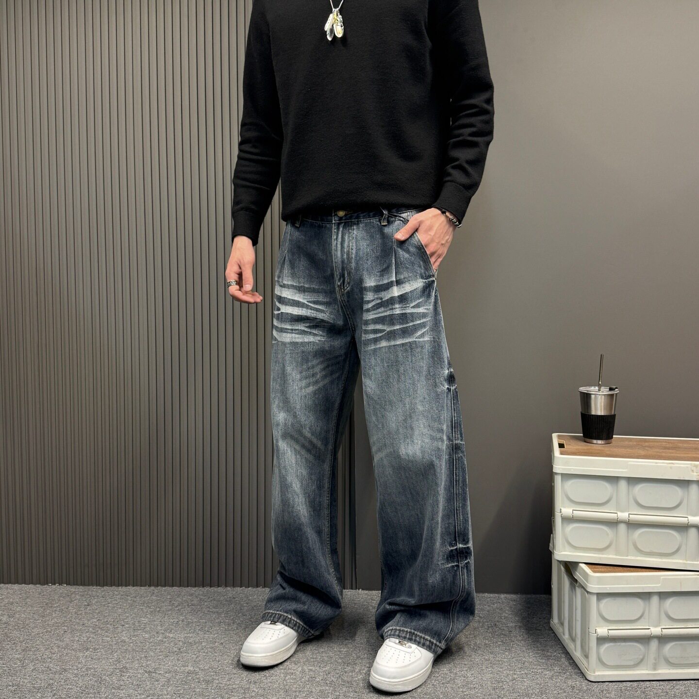 美式复古弯刀水洗做旧牛仔裤男女同款春秋季新款宽松阔腿直筒长裤