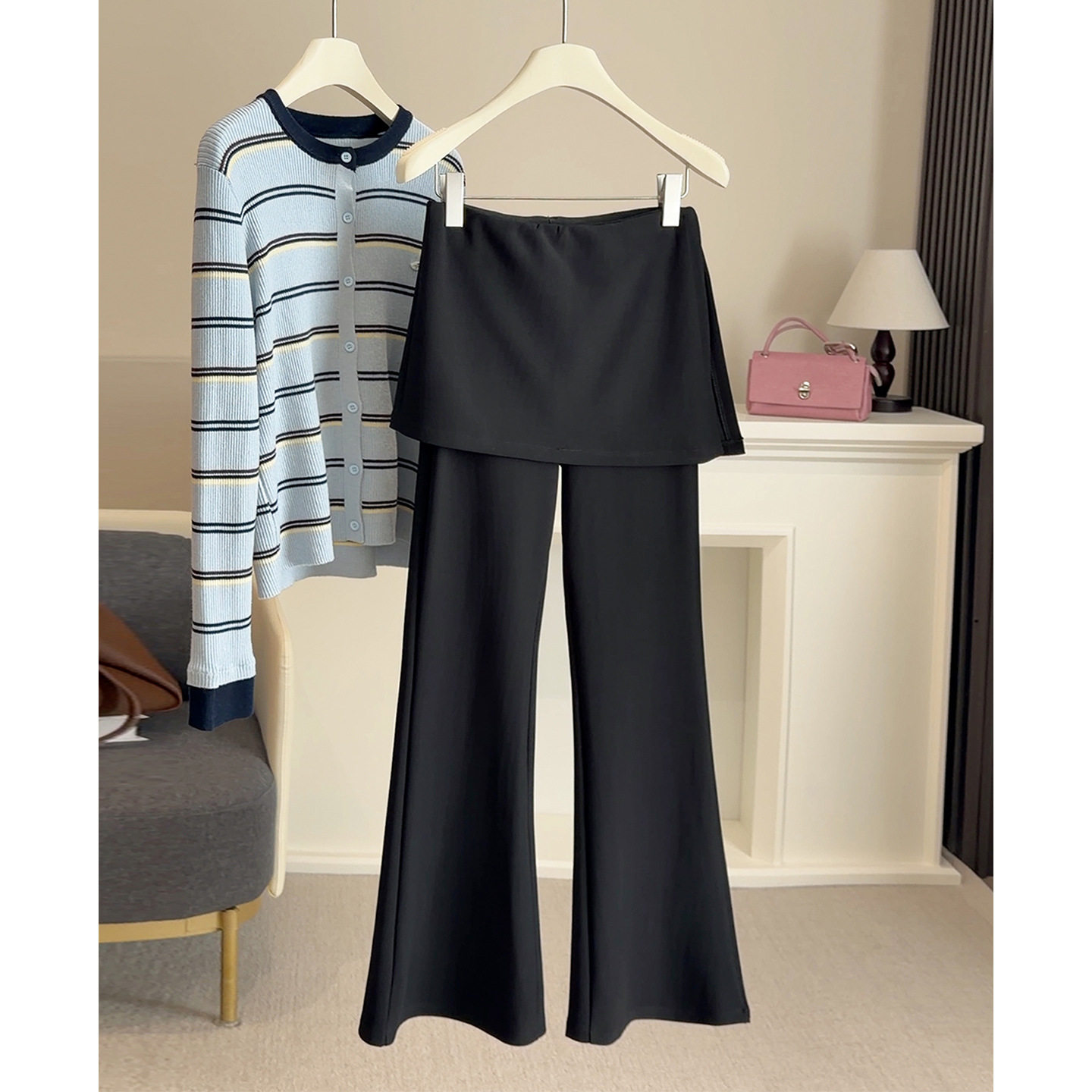 韩系假两件屁帘微喇叭西装裤女2026春季新款叠穿拼接显瘦休闲裙裤,女装/女士精品,休闲裤,淘宝优惠券,粉丝福利购,淘宝优惠卷