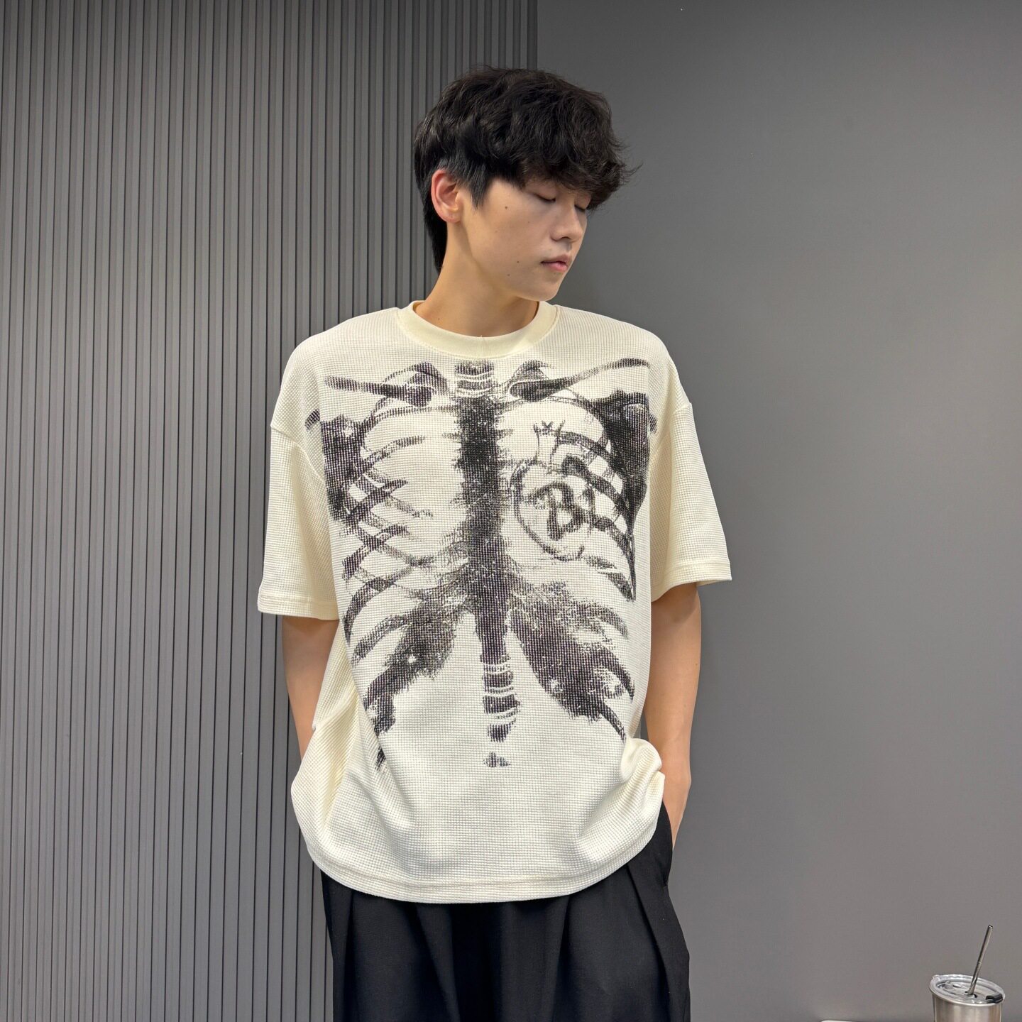 潮牌美式哥特风骷髅涂鸦印花短袖T恤男女夏季宽松华夫格半袖上衣