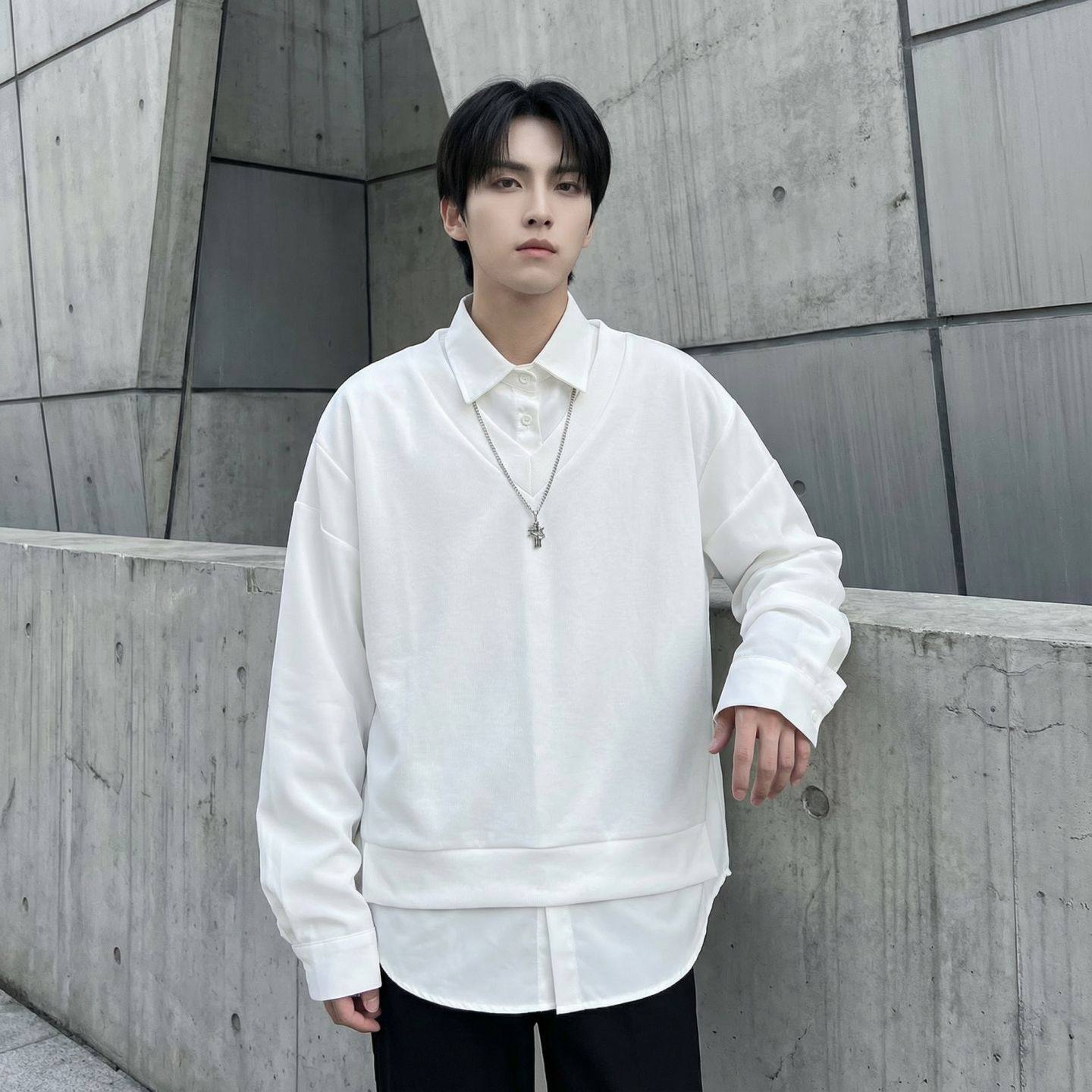 2026年春季新款男士时尚假两件针织衬衫领外套毛衣内搭T恤打底衫