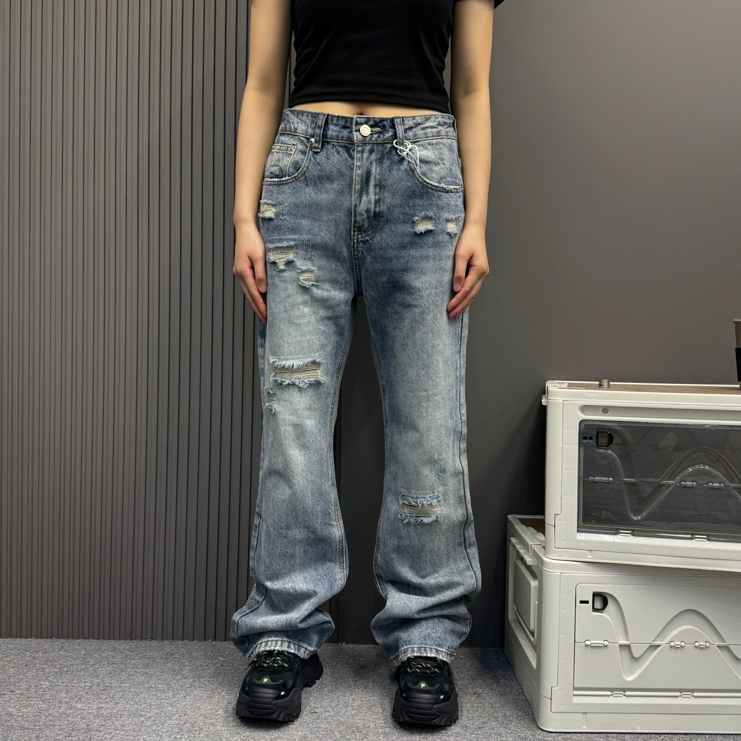 水洗渐变牛仔裤男女美式宽松显瘦破洞裤子合身不贴腿直筒微喇长裤