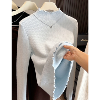 加厚一体绒木耳边半高领针织打底衫女秋冬新款内搭保暖毛衣上衣