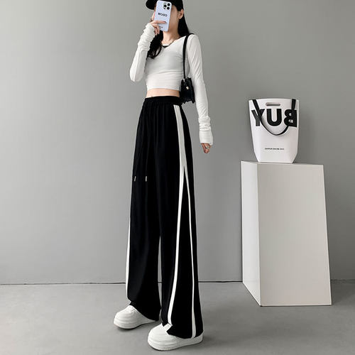 阔腿裤女裤子2026新款春秋季休闲直筒运动设计感宽松拖地黑色裤子