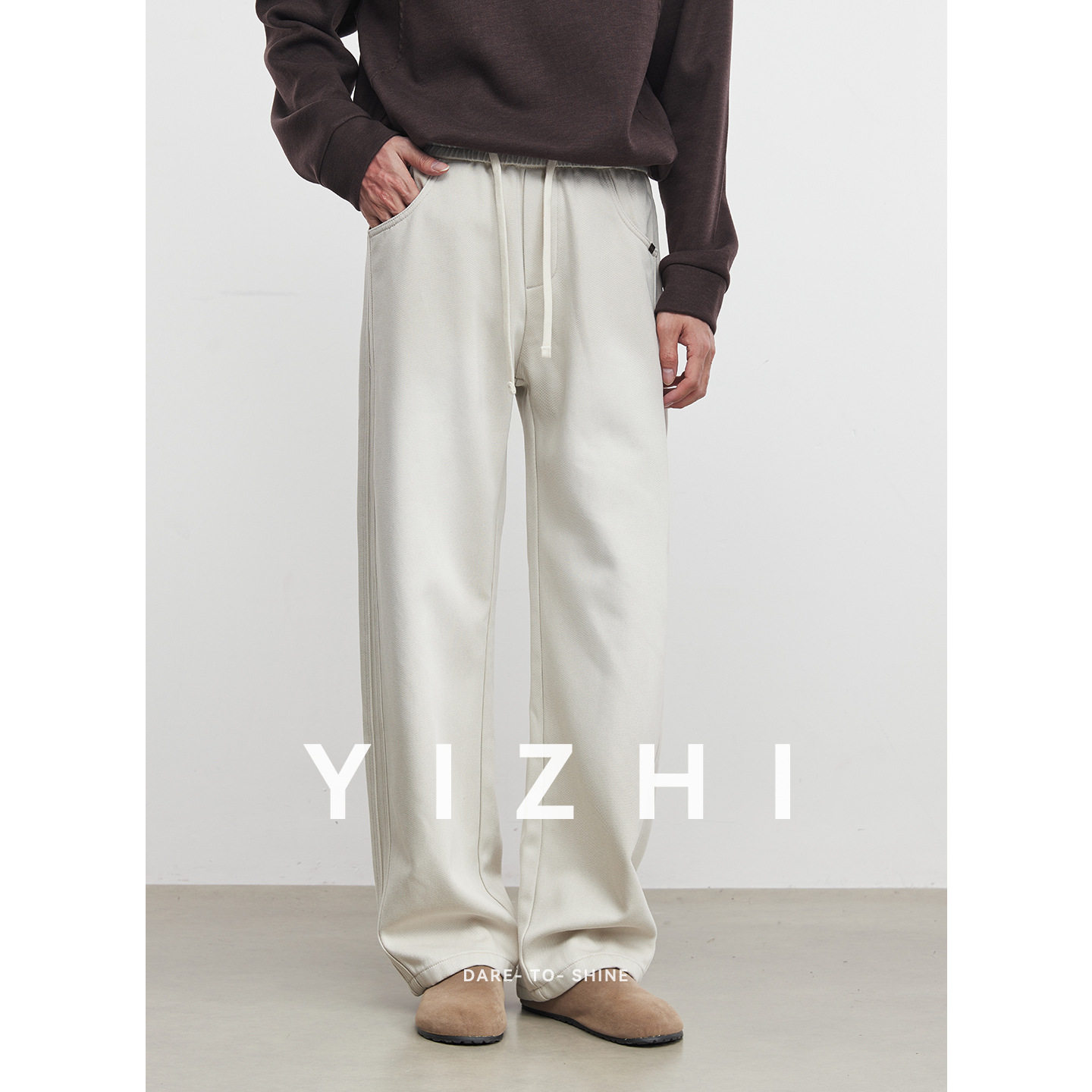 亦止【柔绒】浅色加绒牛仔裤莱赛尔纯色宽松直筒裤男冬季休闲长裤