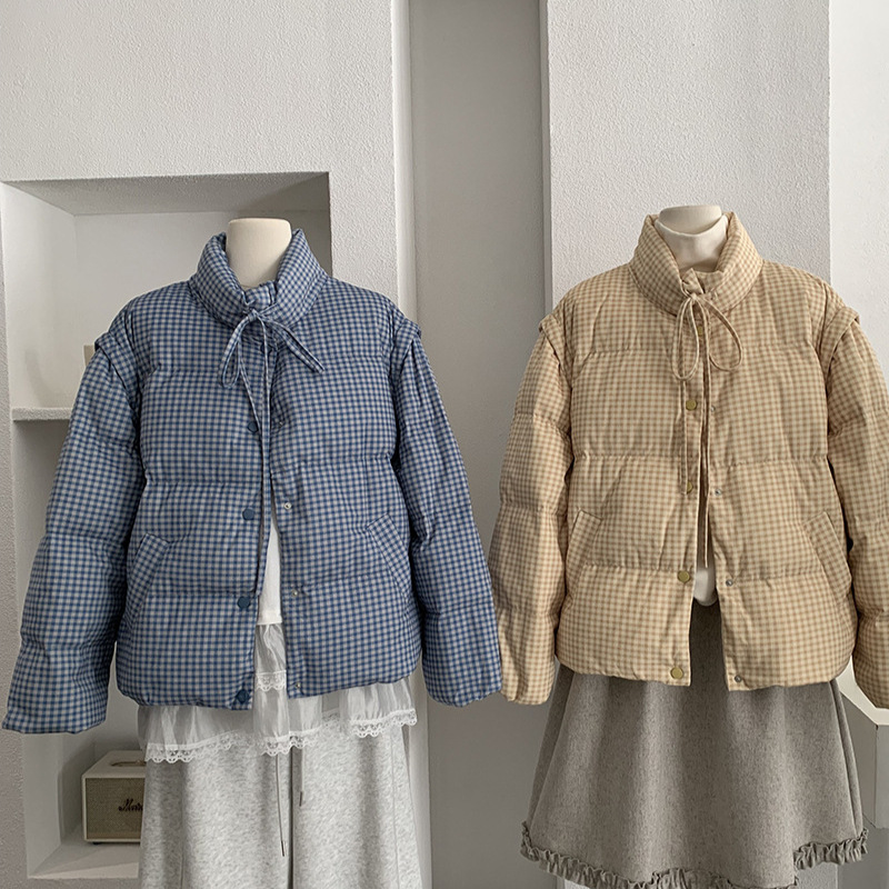 欧玛莱 立领格子长袖羽绒服女冬季新款保暖白鸭绒面包服外套 5802